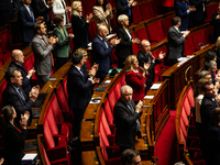 Deputies are applauding the Prime Minister's speech at the National Assembly in Paris, France, on March 12, 2024, following a government sta...