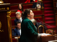 Cyrielle Chatelein, deputy of the La France Insoumise group, is speaking during the debate session at the National Assembly about the Franco...