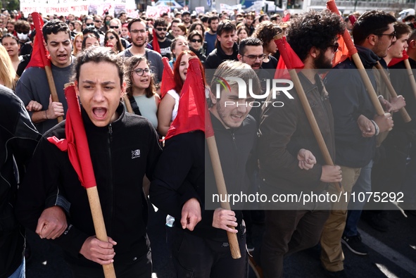 Demonstrators attend a protest held by 
student associations and educational unions against the bill for the establishment of private unive...