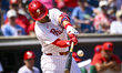 Philadelphia Phillies first baseman Alec Bohm (28) is swinging during his at-bat against t...