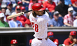 Philadelphia Phillies first baseman Alec Bohm (28) is swinging during his at-bat against t...