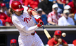 Philadelphia Phillies first baseman Alec Bohm (28) is swinging during his at-bat against t...