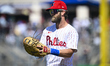 Philadelphia Phillies first baseman Bryce Harper (3) is looking over the field during a ML...