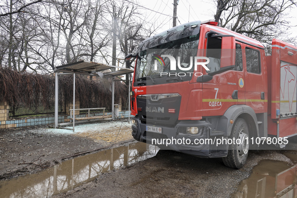 A fire and rescue vehicle is damaged as a result of a missile strike by Russian troops in Odesa, Ukraine, on March 15, 2024. NO USE RUSSIA....
