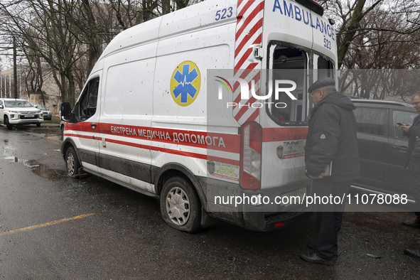 An ambulance car is damaged as a result of a missile strike by Russian troops in Odesa, Ukraine, on March 15, 2024. NO USE RUSSIA. NO USE BE...