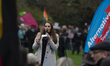 Enxhi Seli-Zacharias, a German politician from the AFD, is speaking to the crowd at Zoo Sq...