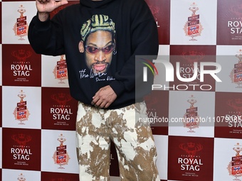 Rapper Dino James is speaking during the press conference of Seagram's Royal Stag BoomBox Music Festival in Jaipur, Rajasthan, India, on Mar...