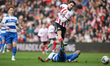 Adil Aouchiche of Sunderland is shooting at goal during the Sky Bet Championship match bet...