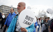 People are marching to the Old Railway Station in Thessaloniki, Greece, on March 17, 2024,...