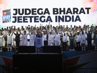 Indian National Congress leader Rahul Gandhi is speaking during the Bharat Jodo Nyay Yatra gathering ahead of the Indian Lok Sabha Election...