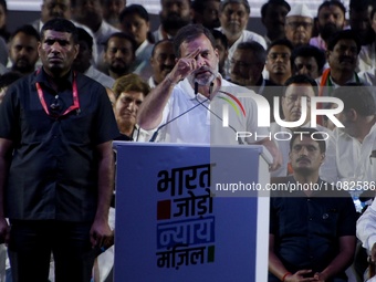 Indian National Congress leader Rahul Gandhi is speaking during the Bharat Jodo Nyay Yatra gathering ahead of the Indian Lok Sabha Election...