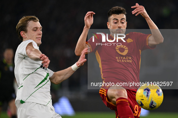 Marcus Holmgren Pedersen of U.S. Sassuolo and Stephan El Shaarawy of A.S. Roma are playing during the 29th day of the Serie A Championship b...