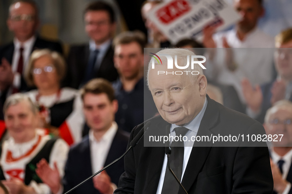 President of Law and Justice opposition party, Jaroslaw Kaczynski, speaks during the local government convention of Law and Justice to boost...