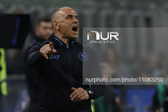 Francesco Calzona of Napoli is reacting during the Serie A soccer match between Inter FC and SSC Napoli at Stadio Meazza in Milan, Italy, on...