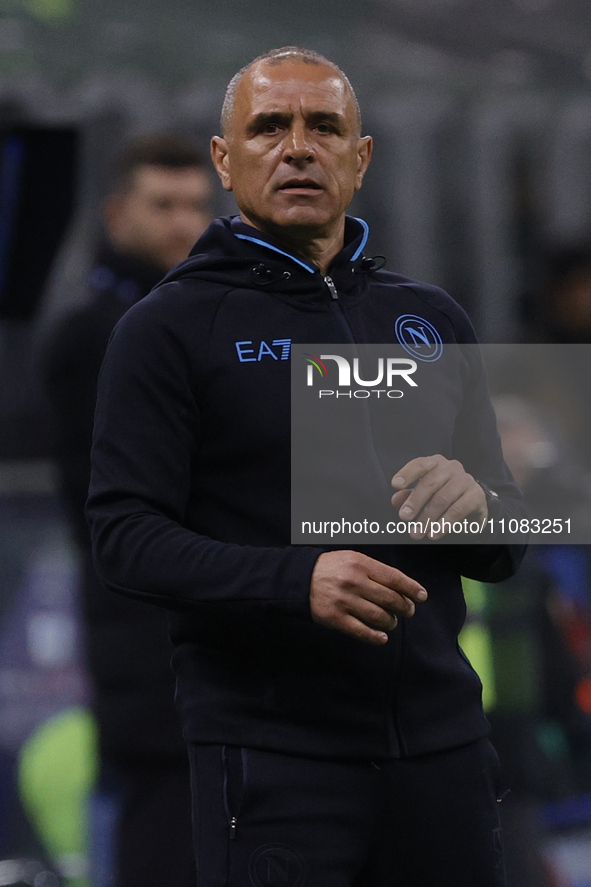 Francesco Calzona of Napoli is reacting during the Serie A soccer match between Inter FC and SSC Napoli at Stadio Meazza in Milan, Italy, on...