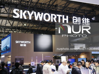 Tourists are visiting the Skyworth booth at AWE2024 in Shanghai, China, on March 14, 2024. (