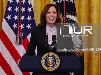 Vice President Kamala Harris is speaking at an event at the White House in Washington, D.C., on March 18, 2024, celebrating Women's History...