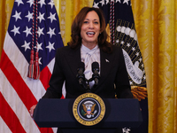 Vice President Kamala Harris is speaking at an event at the White House in Washington, D.C., on March 18, 2024, celebrating Women's History...