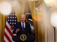 President Joe Biden is speaking at an event at the White House in Washington, D.C., on March 18, 2024, celebrating Women's History Month, wh...