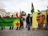 Protestors hold a banner with a picture of Abdullah Ocalan during anti-racist rally in Athens, Greece on March 16th, 2024. A few days before...