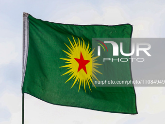 The Kurdistan Communities Union flag is seen during anti-racist rally in Athens, Greece on March 16th, 2024. A few days before the World Day...