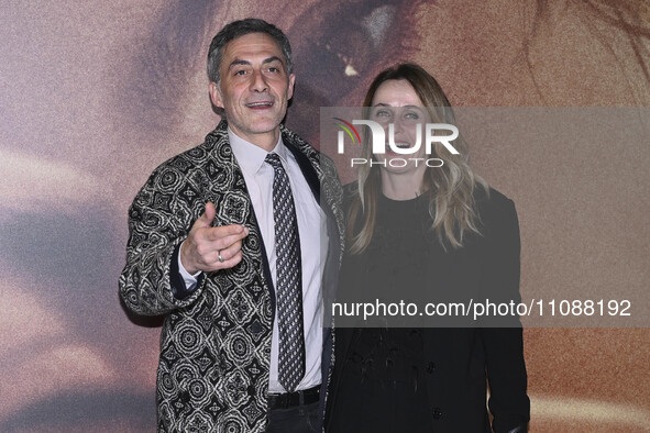 Filippo Tini and Lucia Mascino are attending the photocall for the movie ''Another End'' at the Barberini Cinema in Rome, Italy, on March 20...
