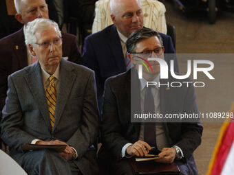 Speaker Mike Johnson and Senate Republican Leader Mitch McConnell (R-KY) are being seen during the Congressional Medal of Honor Ceremony hon...