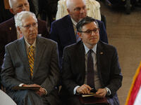 Speaker Mike Johnson and Senate Republican Leader Mitch McConnell (R-KY) are being seen during the Congressional Medal of Honor Ceremony hon...