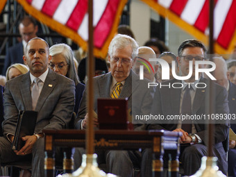 House Democratic Leader Hakeem Jeffries (D-NY), Speaker Mike Johnson, and Senate Republican Leader Mitch McConnell (R-KY) are being seen dur...