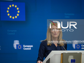 European Parliament President Roberta Metsola is holding a press conference during the European Council Summit in Brussels, Belgium, on Marc...