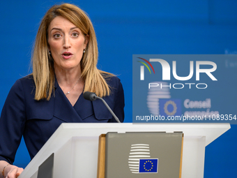 European Parliament President Roberta Metsola is holding a press conference during the European Council Summit in Brussels, Belgium, on Marc...