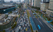 An aerial photo is showing a traffic jam on an urban road during rush hour in Nanjing, Jia...