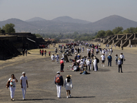 Tourists are visiting the Pyramid of the Sun in the archaeological zone of Teotihuacan, in the Municipality of Teotihuacan, State of Mexico,...