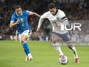 Jude Bellingham #10 of England is in action during the International Friendly match between England and Brazil at Wembley Stadium in London,...