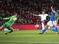 Ollie Watkins is shooting at goal during the International Friendly match between England and Brazil at Wembley Stadium in London, on March...