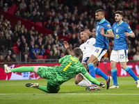 Ollie Watkins is shooting at goal during the International Friendly match between England and Brazil at Wembley Stadium in London, on March...