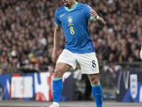 Lucas Paqueta #8 of Brazil is playing during the International Friendly match between England and Brazil at Wembley Stadium in London, on Ma...