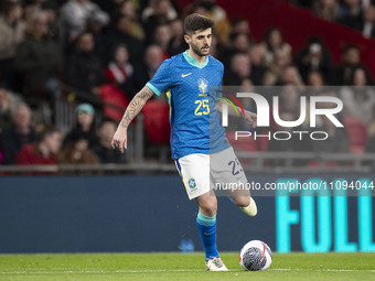 Lucas Beraldo #25 of Brazil is playing during the International Friendly match between England and Brazil at Wembley Stadium in London, Engl...