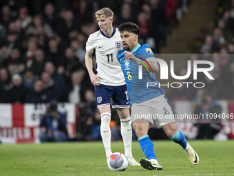 Lucas Paqueta #8 of Brazil is in action during the International Friendly match between England and Brazil at Wembley Stadium in London, on...