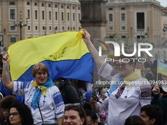 Pilgrims from Ukraine before the Palm Sunday mass at Saint Peter's Square in Vatican on March 24, 2024. (