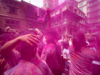 Nepali revelers are taking part in the Holi celebration, the festival of colors, in Kathmandu, Nepal, on March 24, 2024. Thousands of locals...