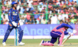 Lucknow Super Giants' players are appealing for the wicket of Rajasthan Royals' Shimron He...