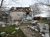 A building is being damaged by Russian shelling in the frontline village of Prymorske, Zaporizhzhia, southeastern Ukraine, on March 20, 2024...