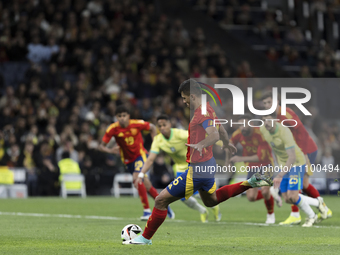 16q is scoring a goal during the friendly match between Spain and Brazil at Santiago Bernabeu Stadium in Madrid, Spain, on March 26. (
