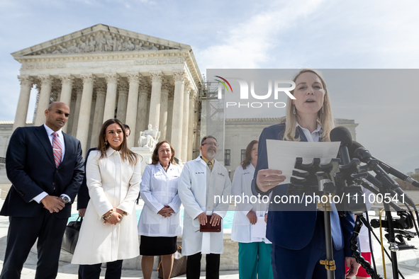 Erin Hawley, Senior Counsel of Alliance Defending Freedom, speaks to the press following oral arguments Food and Drug Administration v. Alli...