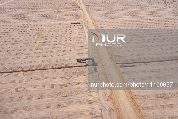 Construction workers are planting straw sand barriers in the desert at the construction site of an afforestation project along the Jinta Jin...