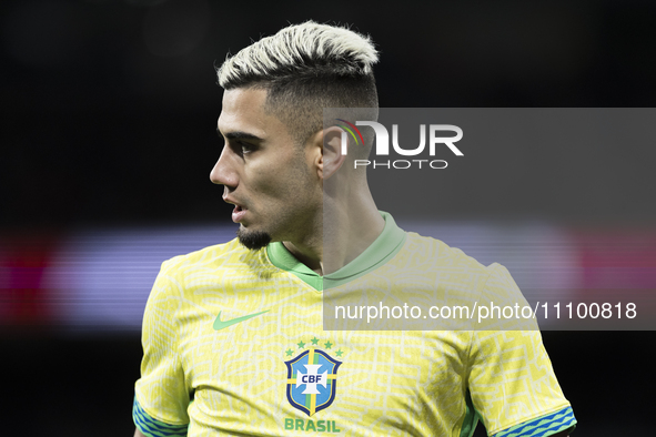 Andreas Pereira of Brazil is playing during the friendly match between Spain and Brazil at Santiago Bernabeu Stadium in Madrid, Spain, on Ma...