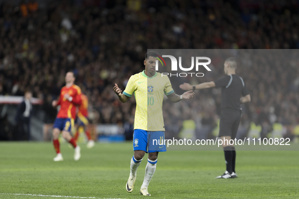 Rodrygo Goes of Brazil is reacting to a missed opportunity during the friendly match between Spain and Brazil at Santiago Bernabeu Stadium i...