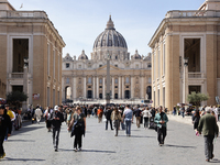 A view of the Saint Peter's Basilica and Via della Conciliazione in Rome, Italy on March 25, 2024. (