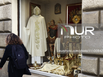 Liturgical accessories are seen at a store in Rome, Italy on March 25, 2024. (